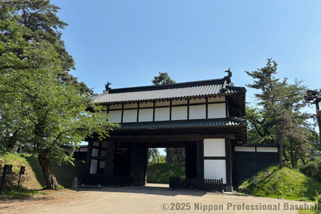 現在の正面門である「追手門」。野球場はこの門をくぐってすぐのところにあった