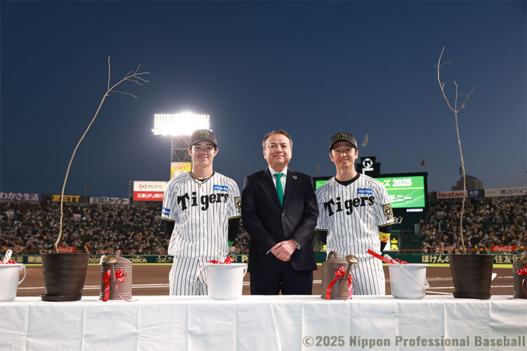 試合前には中野拓夢、近本光司が参加してアオダモ植樹セレモニーが行われた