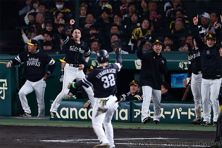 柳町達のタイムリーヒットに喜ぶソフトバンクベンチ